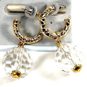Gold-Tone Textured Hoop Earrings w/ Clear Crystal Drop – Bold Statement Jewelry